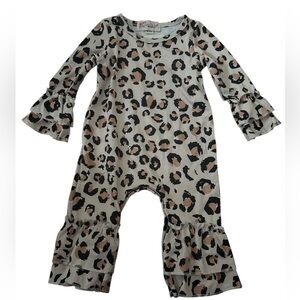 Boutique Clover cottage collection. Leopard Print Ruffle Sleeve Jumpsuit. 0-6mon